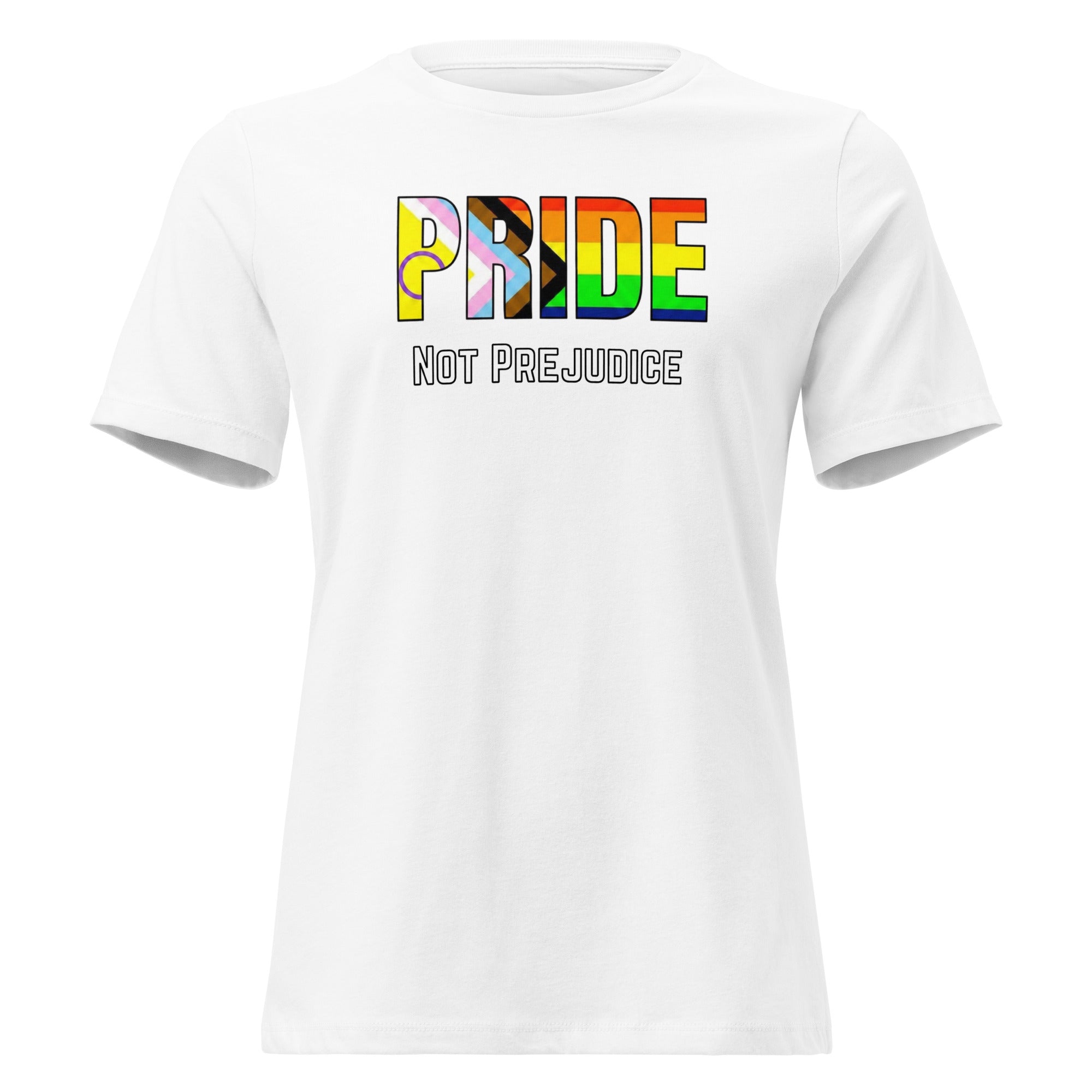 White t-shirt with 'PRIDE Not Prejudice' text in rainbow colors on a white background
